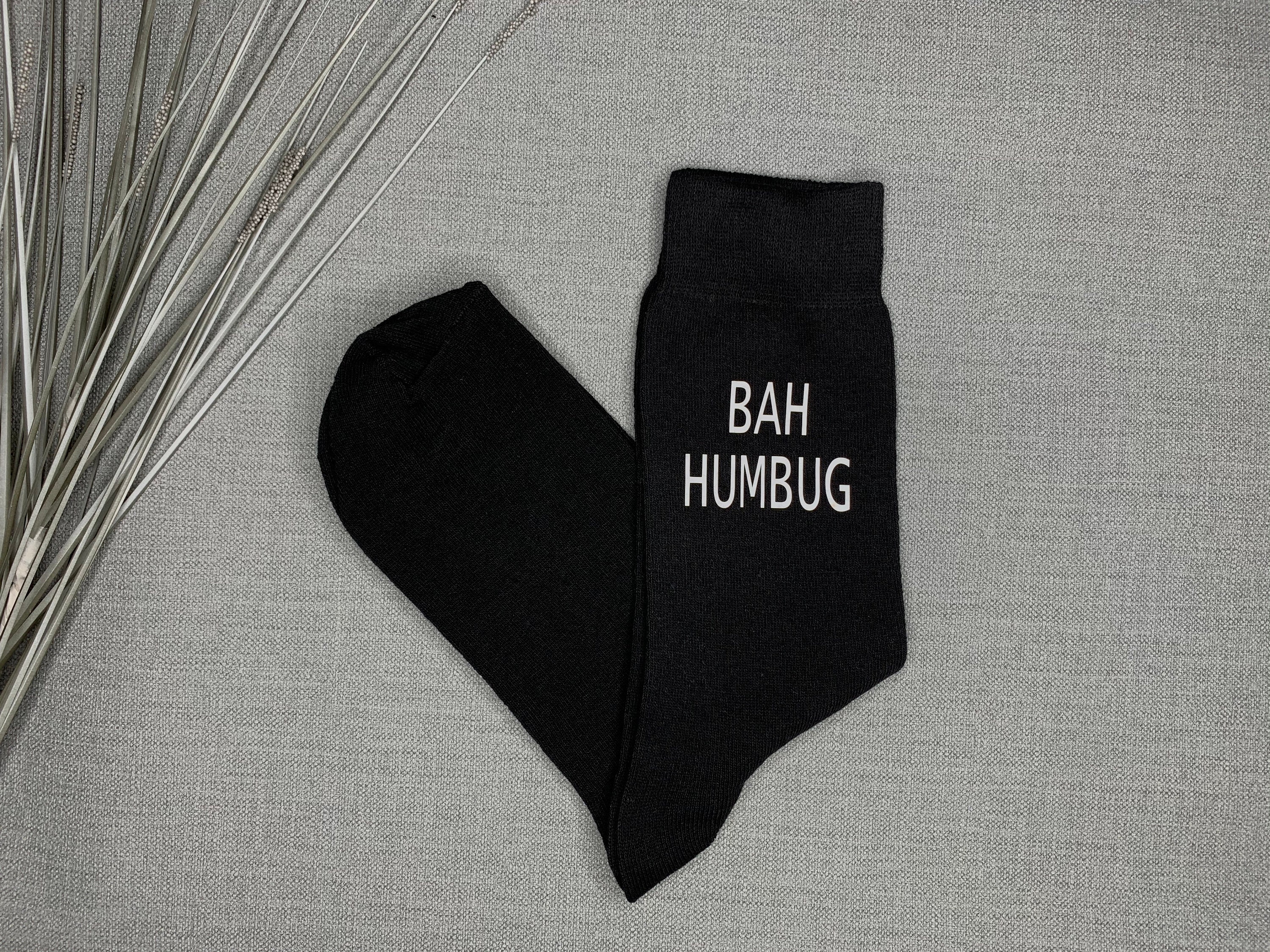 Image of Bah Humbug Mens Black Novelty Christmas Socks Vinyl Printed Grandad Secret Santa Gift
