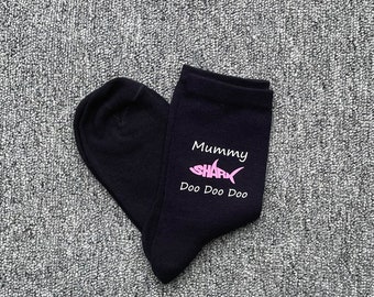 Mummy Shark Ladies Girls Navy Socks with White Vinyl Print Christmas Gift Idea Birthday Present Mother's Day Gift