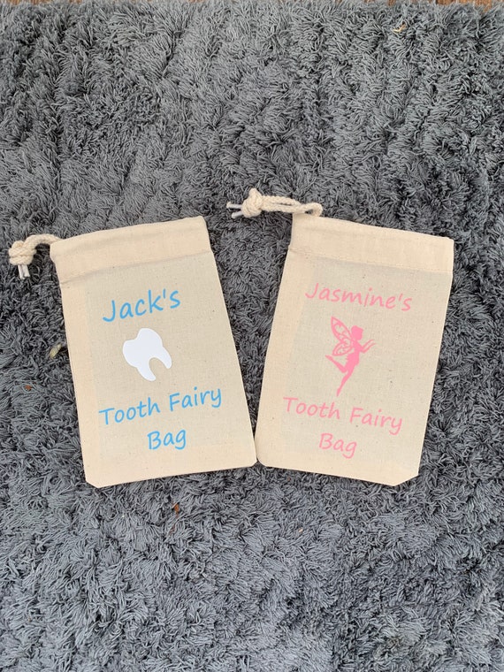 TOOTH FAIRY BAG PERSONALISED with your childs name TEETH FAIRY GIRL BOY COTTON