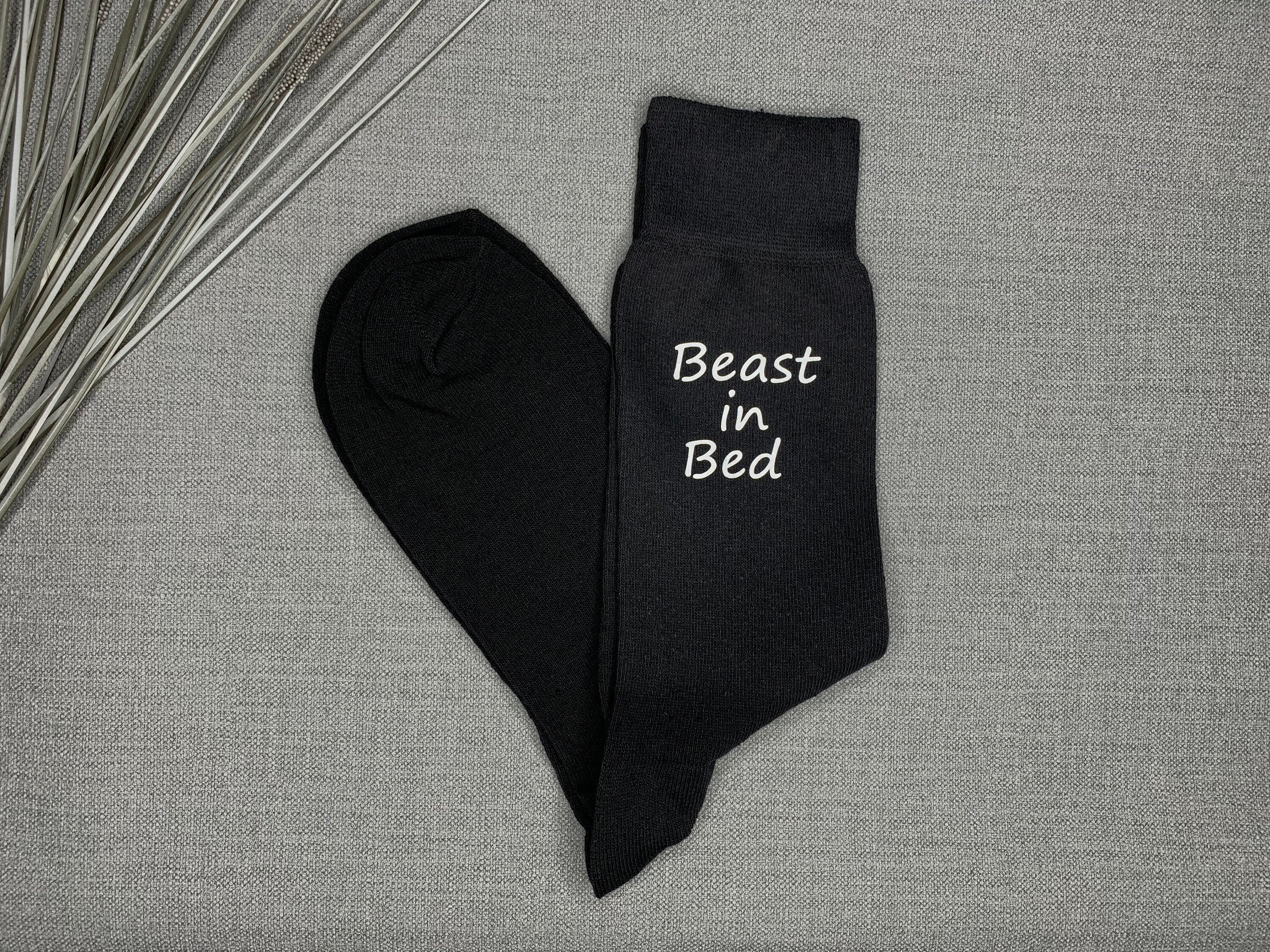Image of Beast in Bed Mens Funny Black Socks Vinyl Printed Valentine's Day Birthday Gift Boyfriend Husband Novelty