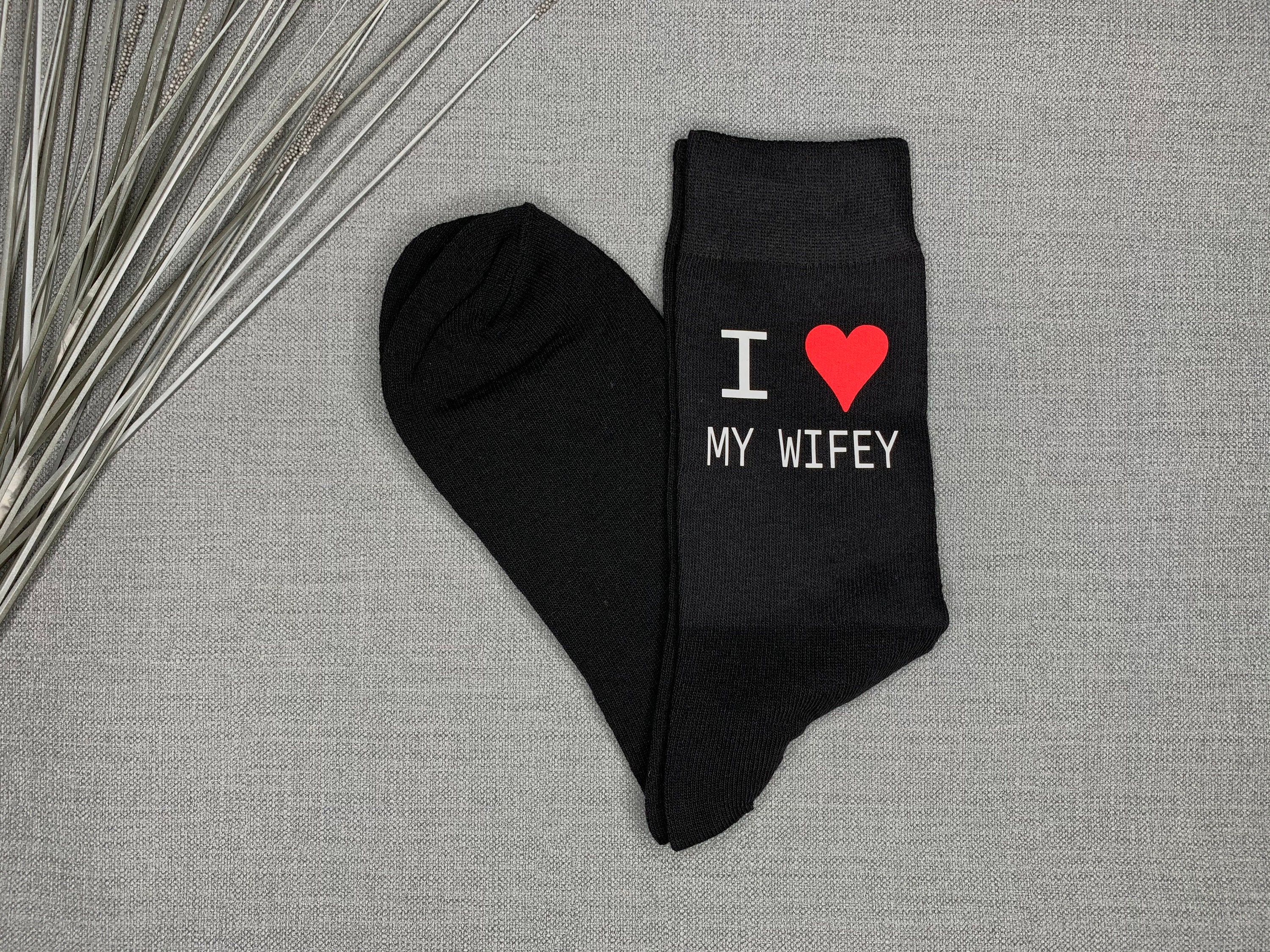 Image of I Love My Wifey Men's Black Novelty Socks Vinyl Printed Husband Gift Valentine Birthday Christmas Stocking Filler