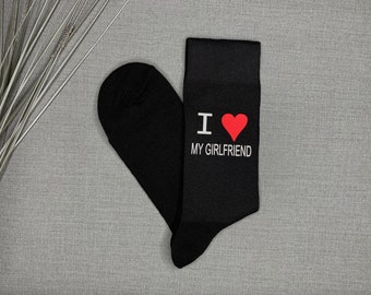 Boyfriend Gift I Love My Girlfriend Valentines Day Mens Novelty Socks Vinyl Printed Mens Black Socks Birthday Boyfriend Gift from Girlfriend