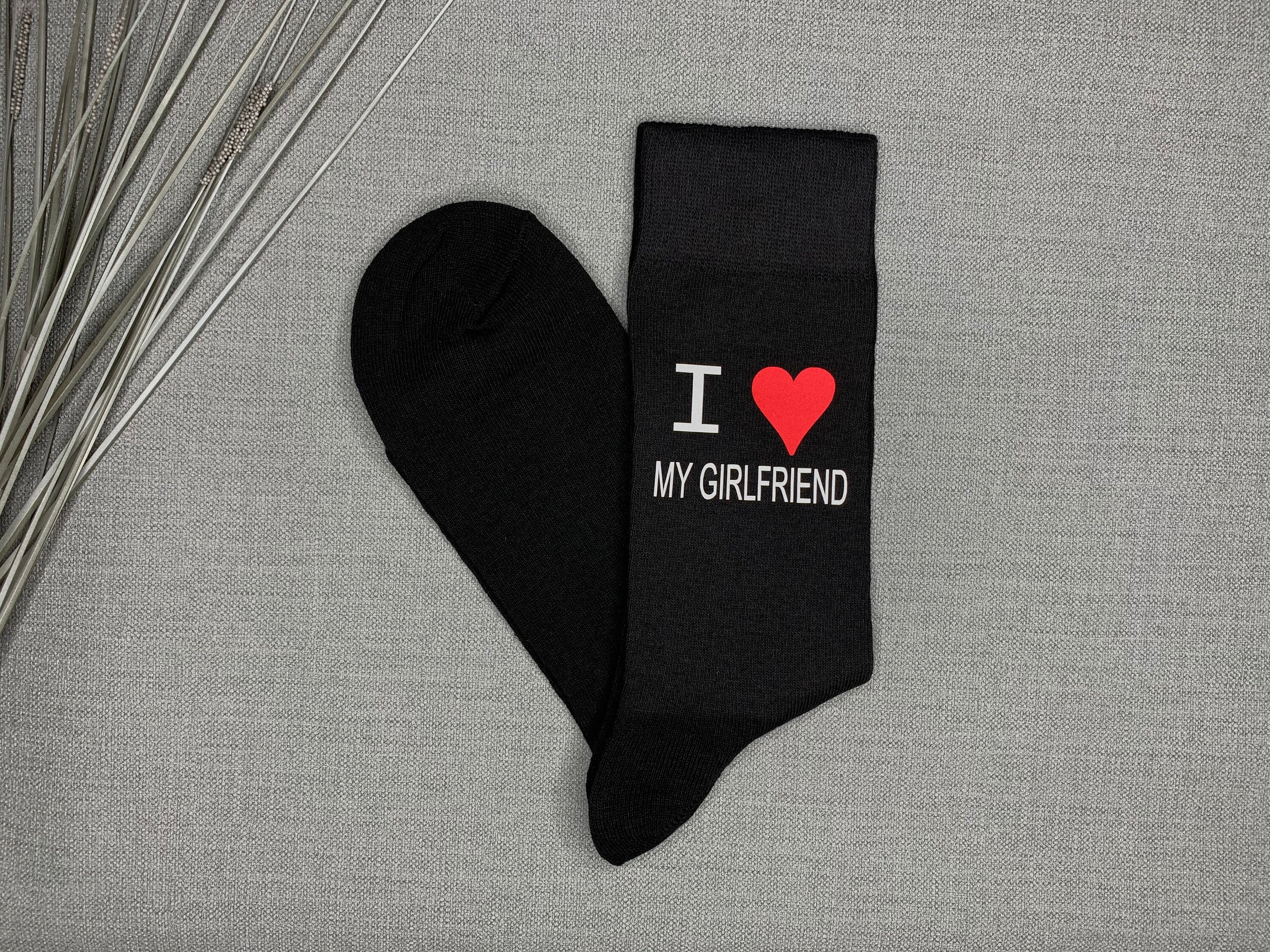 Image of Boyfriend Gift I Love My Girlfriend Valentines Day Mens Novelty Socks Vinyl Printed Black Birthday From