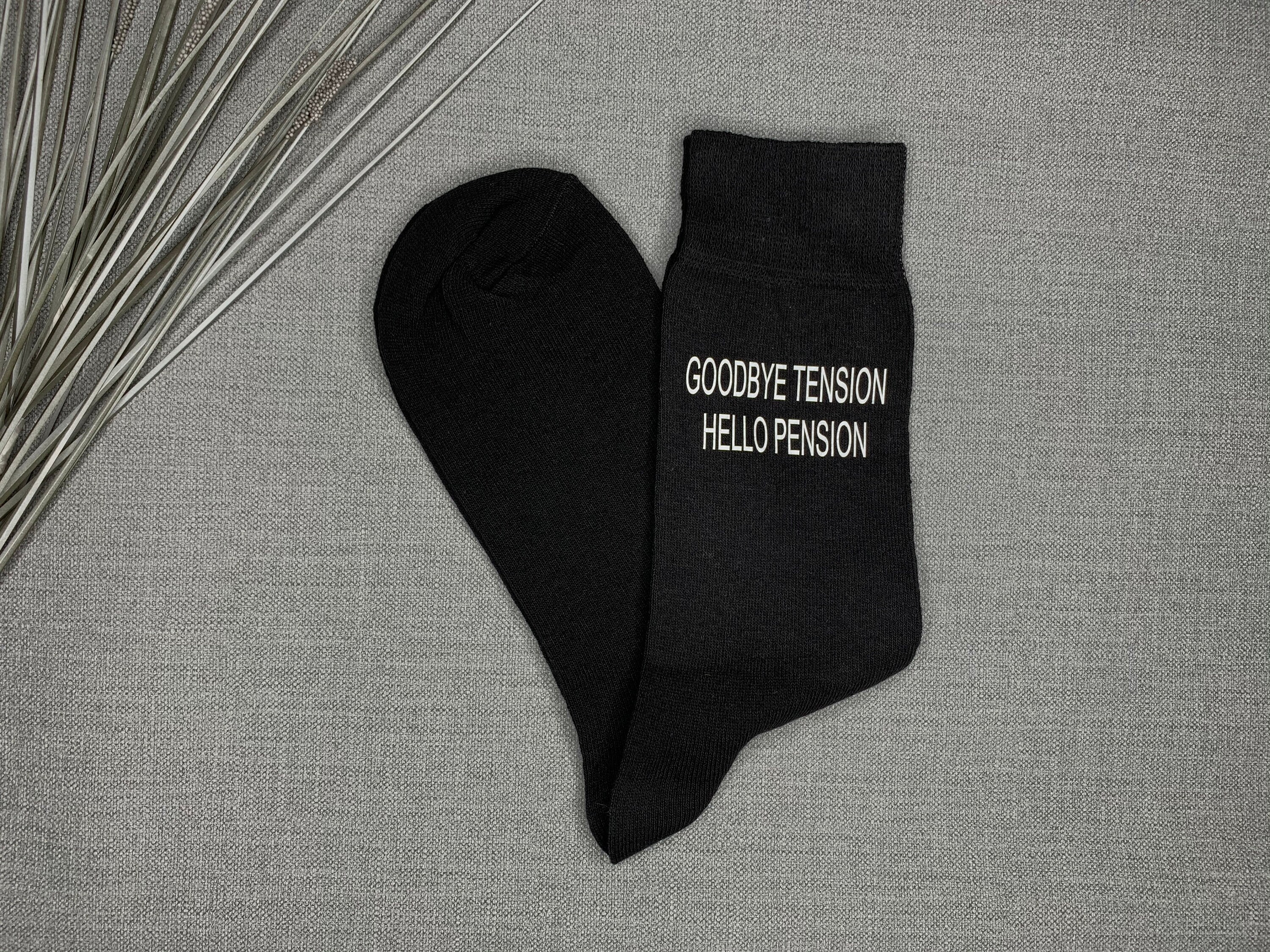 Image of Retirement Gift Idea Goodbye Tension Hello Pension Vinyl Printed Men's Black Socks