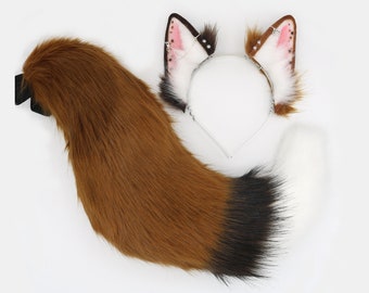 Brown Mismatched Puppy Ears and Tail Set - Brown Ears and Tail Set, Puppy Dog Ears Headband, Faux Fur Realistic Puppy Dog Set, Petplay Set