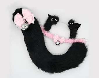 Black Cat Ears and Tail Set - Ears and Tail Set, Cat Ears Headband, Faux Fur Realistic Kitty Cat Set, Petplay Set, Cat Ears and Tail