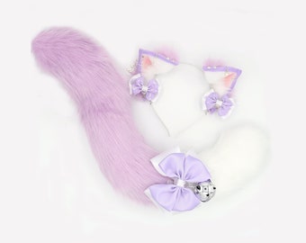 Pastel Purple Cat Ears and Tail Set - Ears and Tail Set, Cat Ears Headband, Faux Fur Realistic Kitty Cat Set, Petplay Set, Cat Ears and Tail