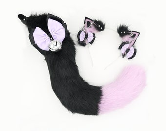 Lunar Goth Cat Ears and Tail Set - Ears and Tail Set, Cat Ears Headband, Faux Fur Realistic Kitty Cat Set, Petplay Set, Cat Ears and Tail