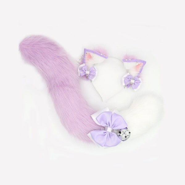 Pastel Purple Cat Ears and Tail Set - Ears and Tail Set, Cat Ears Headband, Faux Fur Realistic Kitty Cat Set, Petplay Set, Cat Ears and Tail