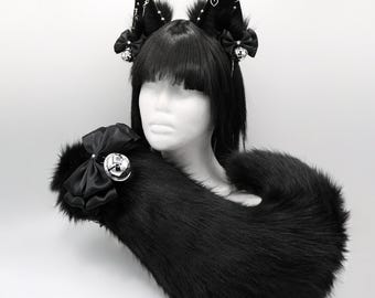 Black Puppy Ears and Tail Set - Faux Fur Ears and Tail Set, Puppy Ears, Realistic Puppy Dog Set, Petplay Set, Furry Ears and Tail, Goth Set