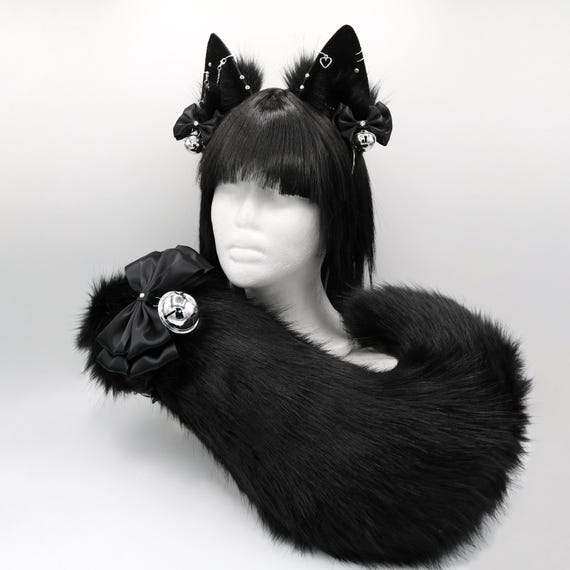 Black Puppy Ears and Tail Set - Faux Fur Ears and Tail Set, Puppy