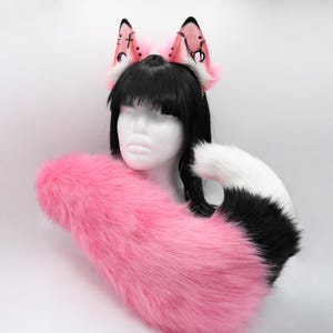 Pink and Black Punk Puppy Ears Tail Set - Faux Fur Ears and Tail Set, Puppy Ears, Realistic Puppy Dog Set, Petplay Set, Furry Ears and Tail