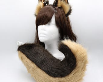 Brown and Beige Puppy Ears and Tail Set - Faux Fur Ears and Tail Set, Puppy Ears, Realistic Puppy Dog Set, Petplay Set, Furry Ears and Tail