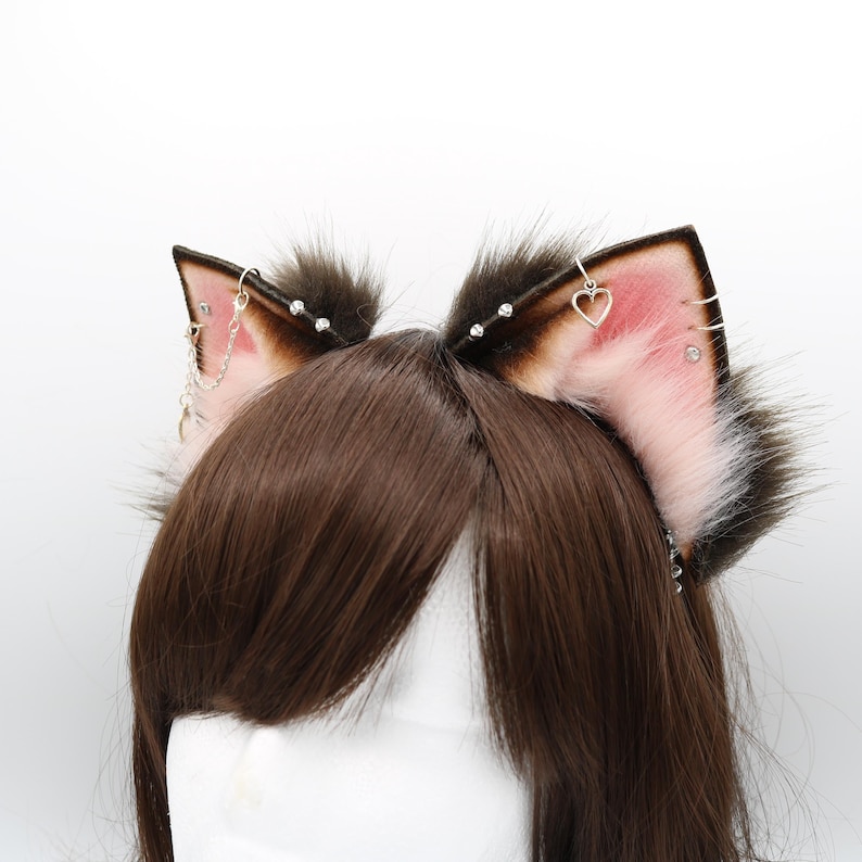 Brown and Pink Cat Ears and Tail Set - Faux Fur Ears and Tail Set ...