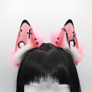Pink and Black Punk Puppy Ears - Dog Ears Headband, Faux Fur Realistic Puppy Ears, Cosplay Ears, Puppy Petplay, Pierced Bendable Furry Ears