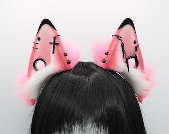 Pink and Black Punk Puppy Ears - Dog Ears Headband, Faux Fur Realistic Puppy Ears, Cosplay Ears, Puppy Petplay, Pierced Bendable Furry Ears