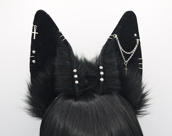Gothic Black Bunny Ears - Bunny Ears Headband, Neko Ears, Faux Fur Realistic Bunny Rabbit Ears, Cosplay Anime Ears, Petplay Bunny MTO