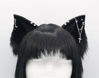 Gothic Black Kitty Cat Ears - Cat Ears Headband, Neko Ears, Faux Fur Realistic Kitty Ears, Cosplay Anime Ears, Petplay Kitten MTO