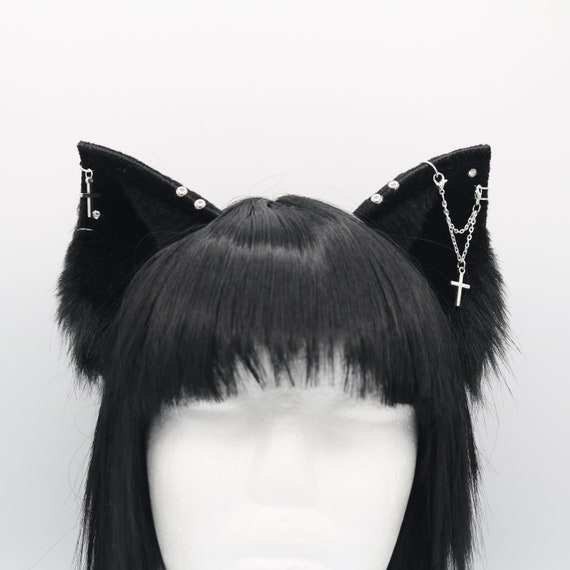 Gothic Black Kitty Cat Ears Cat Ears Headband Neko Ears Faux Fur Realistic Kitty Ears Cosplay Anime Ears Petplay Kitten MTO