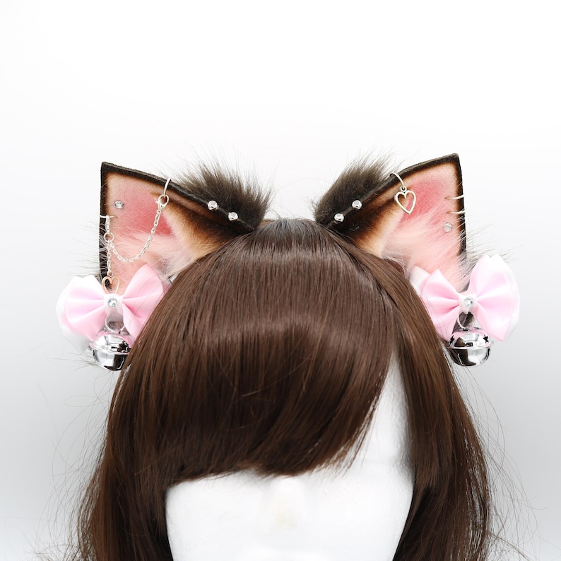 Brown and Pink Cat Ears and Tail Set - Faux Fur Ears and Tail Set ...