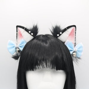 Black and White Fluffy Kitty Cat Ears - Cat Ears Headband, Neko Ears, Faux Fur Realistic Kitty Ears, Cosplay Anime Ears, Petplay Kitten MTO