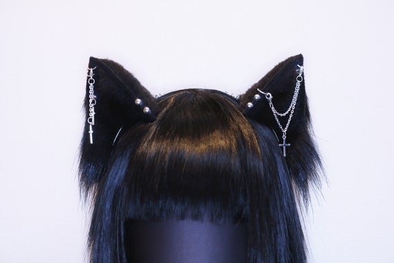 Gothic Black Kitty Cat Ears - Cat Ears Headband, Neko Ears, Faux Fur Realistic Kitty Ears, Cosplay Anime Ears, Petplay Kitten MTO