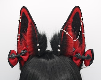 Red and Black Bunny Ears - Bunny Ears Headband, Neko Ears, Faux Fur Realistic Bunny Rabbit Ears, Cosplay Anime Ears, Petplay Bunny MTO