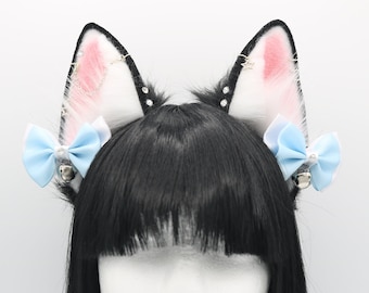 Black and White Puppy Ears - Puppy Dog Ears Headband, Neko Cat Ears, Faux Fur Realistic Puppy Dog Ears, Cosplay Anime Ears, Petplay Puppy