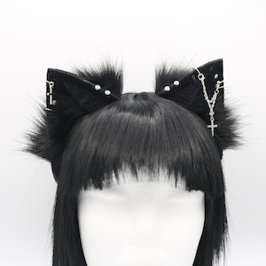 Gothic Black Fluffy Kitty Cat Ears - Cat Ears Headband, Fluffy Neko Ears, Faux Fur Realistic Kitty Ears, Cosplay Anime Ears, Petplay Kitten