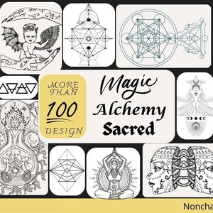 Puede incluir: Una colección de más de 100 ilustraciones vectoriales en blanco y negro de símbolos de geometría sagrada, alquimia y magia. El texto "Magic Alchemy Sacred" está escrito en una fuente estilizada. El texto "More Than 100 Design" está escrito en un cuadro amarillo.
