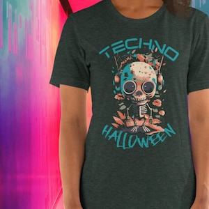 Techno Halloween Unisex T-Shirt with Skull and Skeleton | Spooky Rave Party Tee