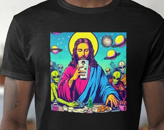 Jesus, Coffee, and Aliens at the Last Dinner T-shirt drinking Coffee in a To-Go Cup, Funny Gift for Sci-fi and Coffee Lovers Tee