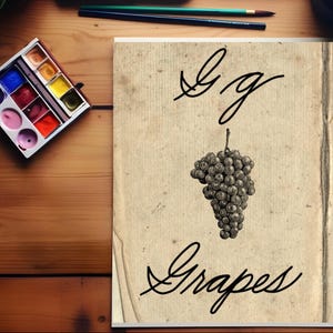 Può includere: Un'illustrazione vintage di un grappolo d'uva con il testo "&g Grapes" su uno sfondo beige.