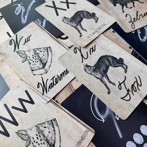 May include: A collection of rectangular educational flashcards featuring black ink illustrations and text on a tan background, interspersed with black cards showing white circular graphics. Visible text includes W for Watermelon, X for Fox, and Z for Zebra.