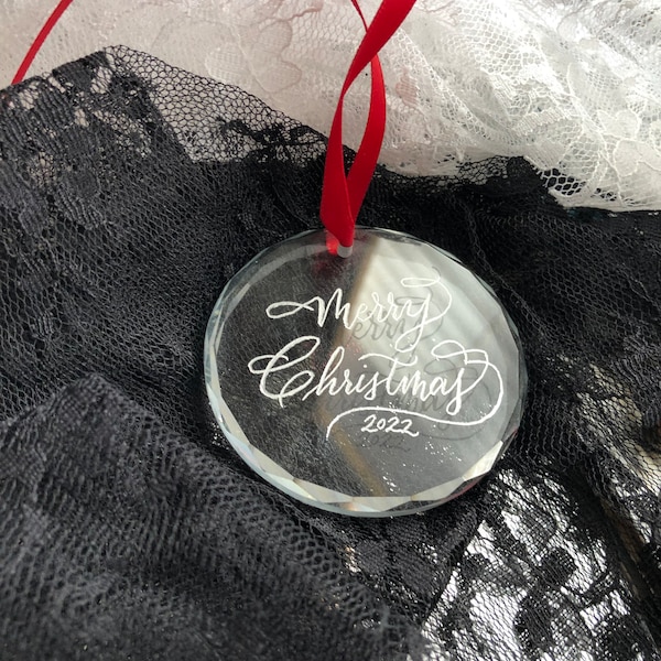 Personalized Beveled Crystal Glass Engraved Christmas Ornament | Custom Christmas Keepsake | Heirloom Ornament | Hand Made Engraved Etched