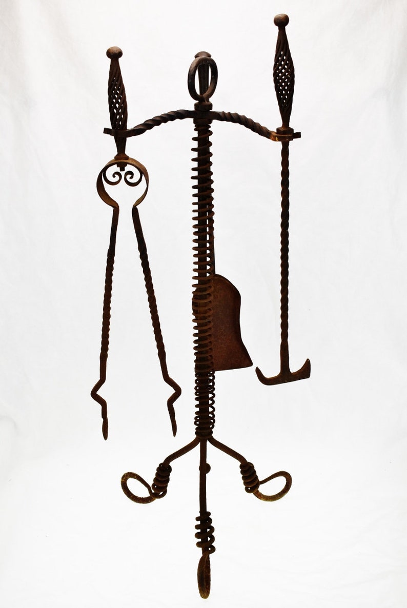 Antique Twisted Wrought Iron Fireplace Tools Etsy