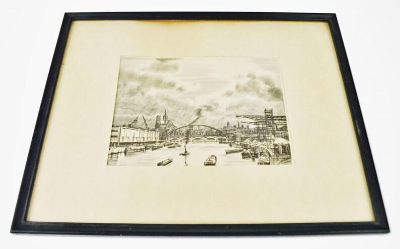 French La Seine au Travail Framed Etching