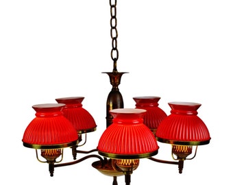 Vintage 5 Light Ribbed Cranberry Glass Student Shade Chandelier