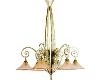 Authentic French Art Deco Chandelier Pink Champagne Shades
