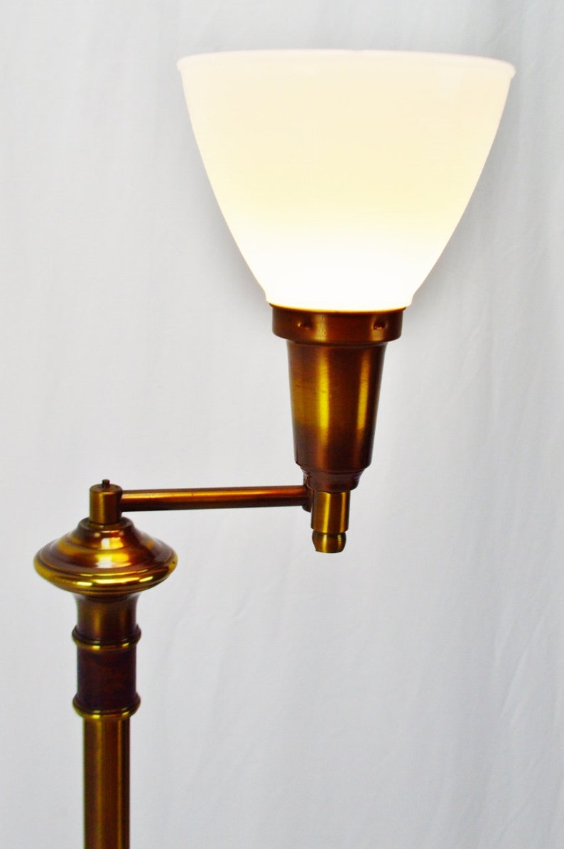 Vintage Brass Swing Arm Torchiere Floor Lamp with Milk Glass Diffuser