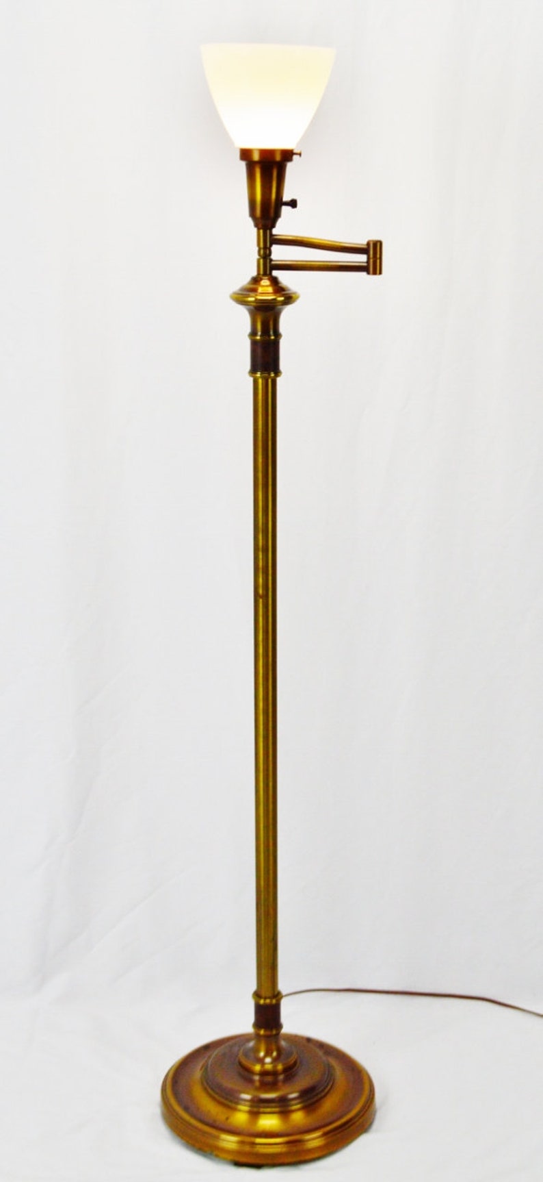 Vintage Brass Swing Arm Torchiere Floor Lamp with Milk Glass Diffuser