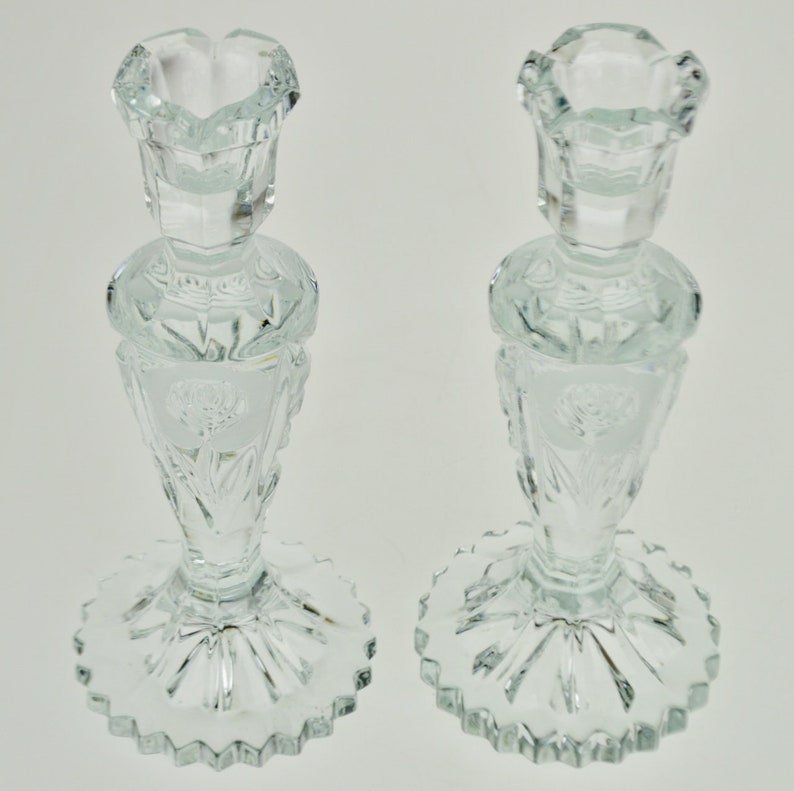 Vintage Heavy Clear Glass Candlesticks With Floral Pattern Etsy