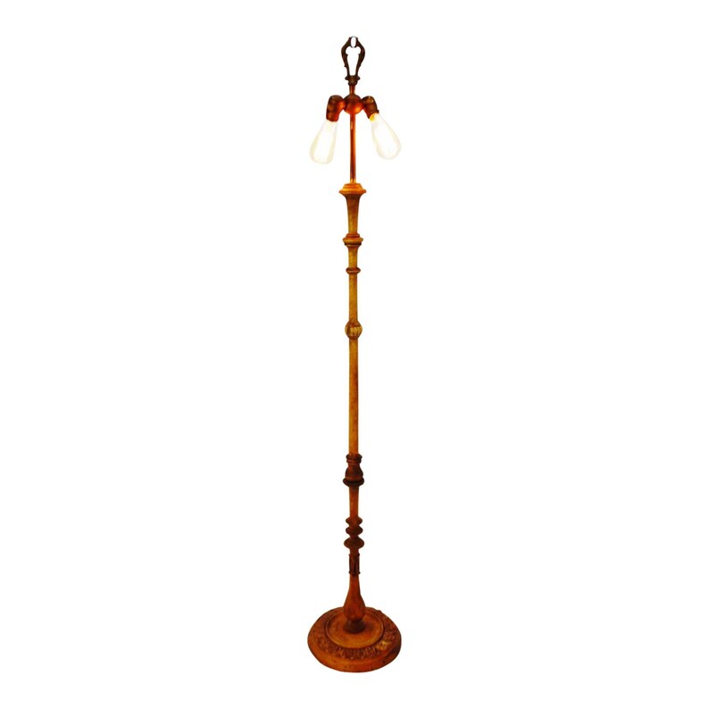 Vintage Carved Wood Floor Lamp W Dual Articulating Sockets