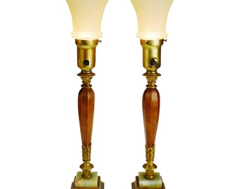 Vintage Uplight Table Lamps with Onyx Base and  Frosted Glass Shades - A Pair