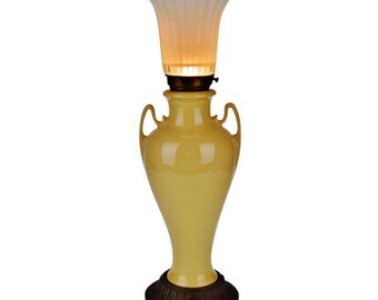 Art Deco Ceramic Table Lamp with Frosted Fluted Glass Shade