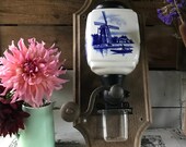 Fabulous Vintage Blue and White Ceramic West German Zassenhaus Wall mounted Coffee grinder Delft style Dutch Windmill Farm Scene