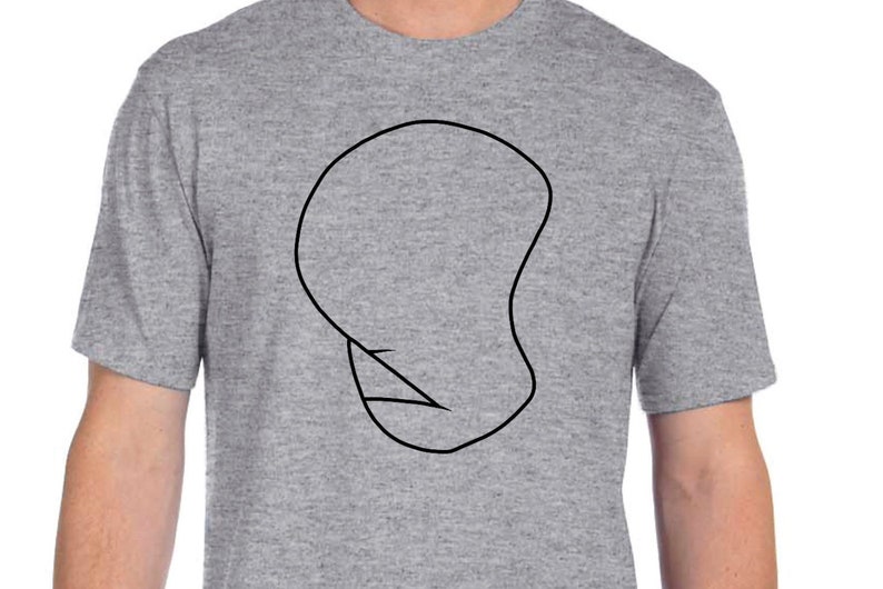 May include: A heather grey t-shirt with a black outline of a face on the front.