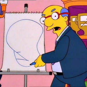 May include: A yellow cartoon character with glasses is drawing a blue outline of a head on a white easel. The character is wearing a blue suit and a light blue shirt with a dark blue tie.