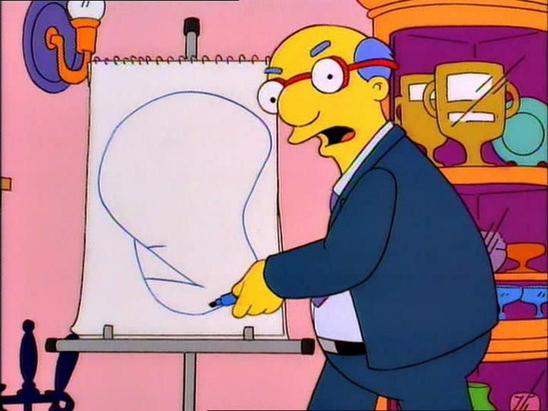 May include: A yellow cartoon character with glasses is drawing a blue outline of a head on a white easel. The character is wearing a blue suit and a light blue shirt with a dark blue tie.