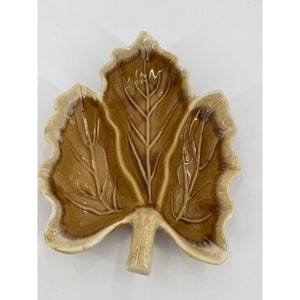 May include: A ceramic leaf-shaped dish with a brown glaze and a white rim. The dish is designed to look like a maple leaf with detailed veins.
